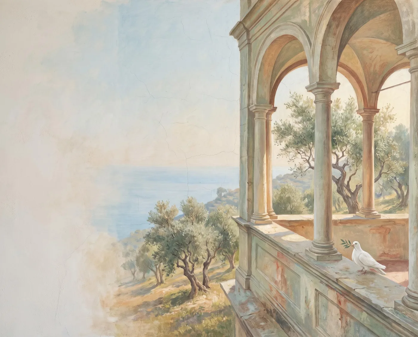 A painted stone loggia above an olive grove and a calm sea. A white dove with an olive sprig has just landed on the balustrade.