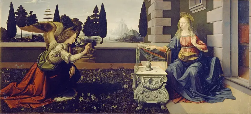 An angel kneels on a lawn before a walled garden, arriving with news for a woman seated at a reading desk.