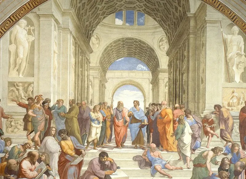 Philosophers and students gather under grand classical arches, talking, reading and teaching.