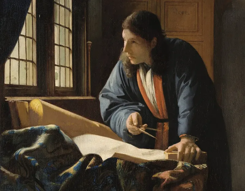 A scholar in a blue robe leans over a map by a bright window, dividers in hand, looking up.