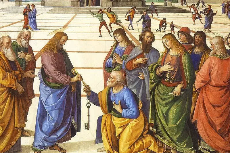 In a Renaissance square, a robed figure hands a large golden key to a kneeling man as a crowd looks on.