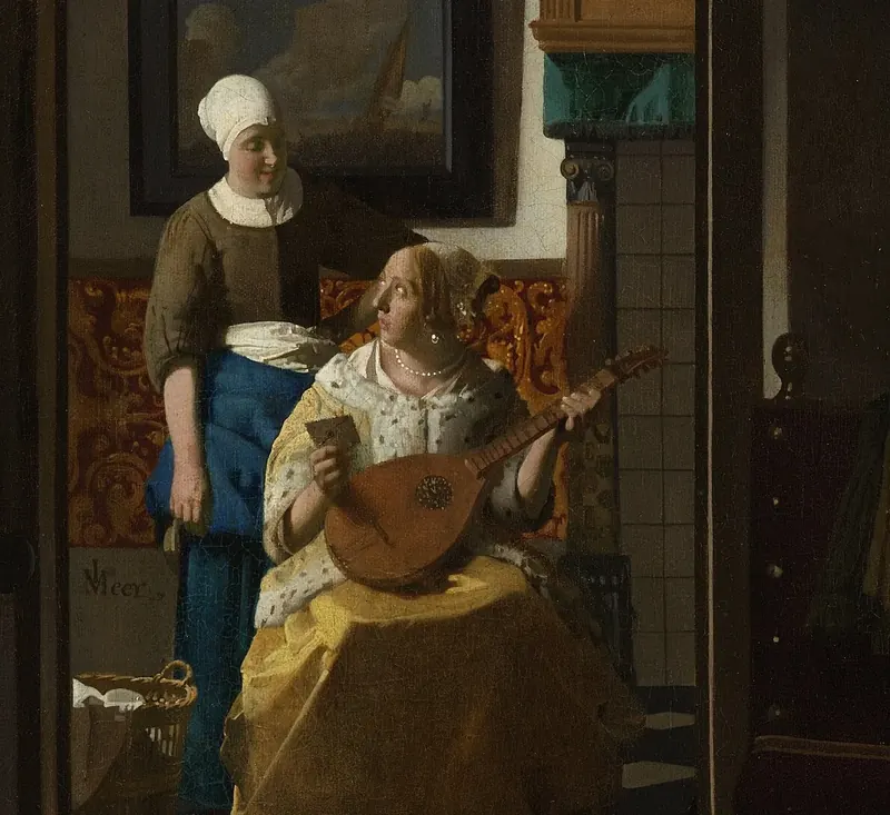 A maid in a blue apron stands beside her seated mistress, who holds a lute and looks up from a letter just handed to her.