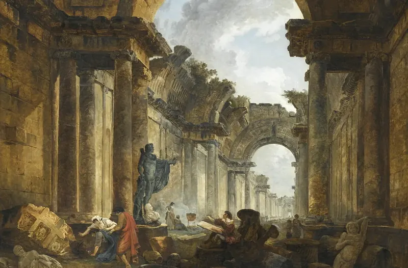 The same long gallery imagined as a ruin: broken vaults open to the sky, columns standing among fallen stone, a statue still upright.